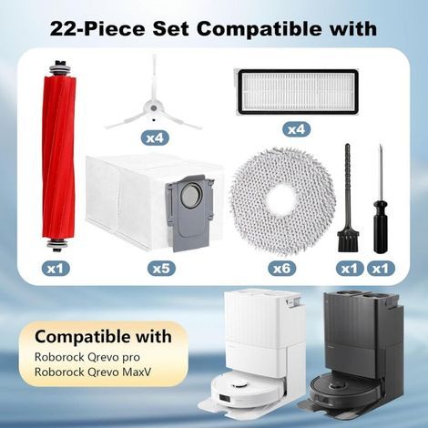 Accessoires pour aspirateur Roborock Qrevo Pro/Qrevo S/Qrevo MaxV, 1 brosse principale, 4 filtres HEPA, 5 sacs à poussière, 6 lingettes, 4 brosses latérales, 1 brosse, 22 pièces de rechange (1/3)