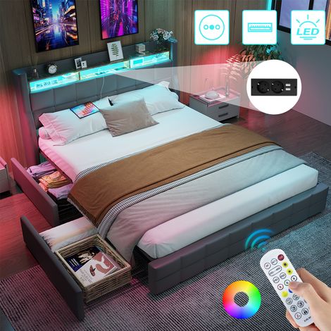 Lit 140x190 avec sommier LED et USB, lit double rembourré avec sommier à Lattes et 4 Tiroirs, tete de lit avec rangement, 2 personnes pour adultes et adolescents, PU (Gris, 140 x 190 cm)