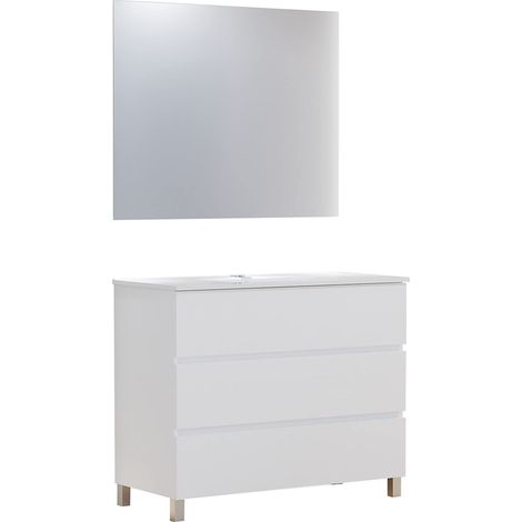 Ensemble de Meubles de Salle de Bain Neo avec Miroir Lune Lisse, Trois tiroirs ou Deux Portes, Meuble avec Pieds, différentes Finitions et Dimensions, mélamine 16 mm. Meuble monté 3c 100 Blanc (1/5)