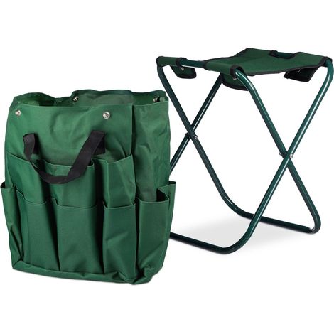 Sgabello porta attrezzi da giardinaggio 16 tasche e scomparto interno ribaltabile verde 130002810