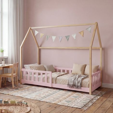 Hausbett Hesel mit Rausfallschutz 90x200 cm Rosa/Natur [en.casa] (1/5)