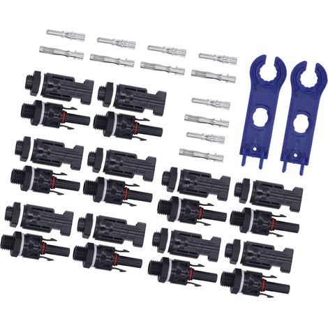 Kit de connecteurs MC4 pour panneaux solaires, 42 pièces : 10 paires de fiches mâles/femelles, 2 clés spéciales solaires, 30A 1000VDC, étanche IP67. (1/5)