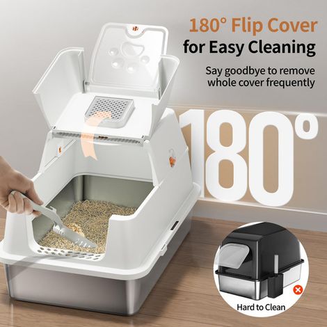 Maison de toilette pour chat anti-odeur avec bac en acier inoxydable SUS 304 grand bac à litière fermé pour chats XXL avec couvercle rabattable à 180° tamis et pelle inclus (1/5)