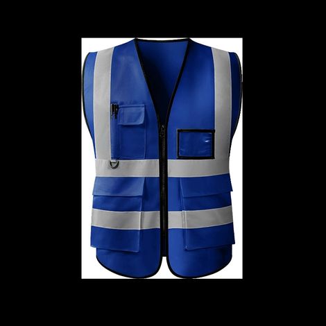 Gilet de Sécurité Haute Visibilité Chantier BTP - Veste de Travail Multi-Poches en Maille Tricotée pour Paysagisme et Assainissement - Bleu Foncé, Lot de 8-lsw