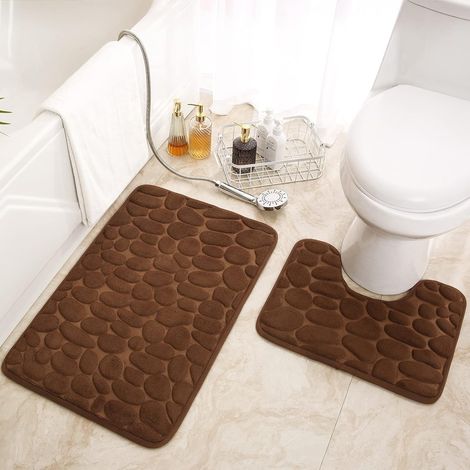 MINKUROW Set Di 2 Tappetini Da Bagno In Memory Foam Tappetini Da Bagno Antiscivolo E Assorbenti, Contorno Wc A Forma Di U 80x50 Cm E 50x40 Cm, Lavabili In Lavatrice, Asciugatura Rapida (Marrone) (1/5)