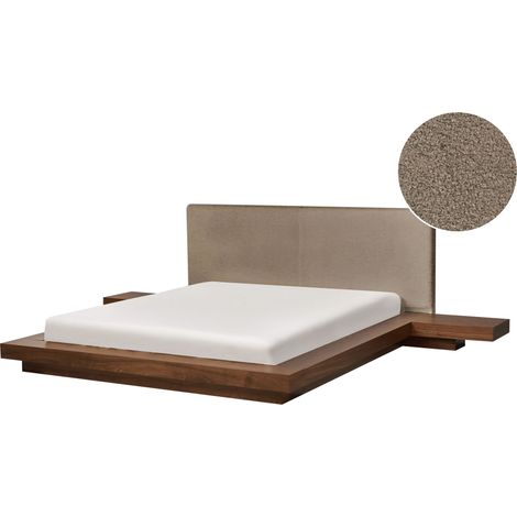 Lit à Eau Moderne Japonais avec Matelas Tête de Lit en Bois de Frêne et Bouclé 160 x 200 cm Tables de Chevet Marron Zen (1/5)