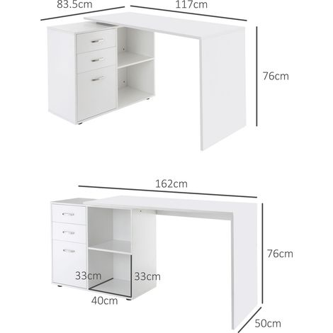 Bureau d'angle avec deux tiroirs et une étagère ouverte, bureau d'angle en L (bois/métal), 117 x 83,5 x 76 cm, blanc (1/5)