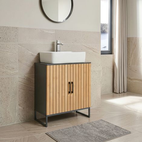 Meuble sous lavabo Svanes avec 3 compartiments 70 x 60 x 30 cm gris foncé naturel [en.casa] (1/5)