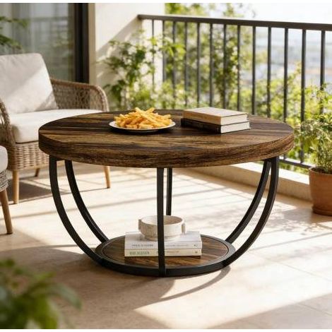 Tavolino rotondo a 2 livelli 80,5 x 80,5 x 44 cm in legno e metallo marrone DESVIAE (1/5)