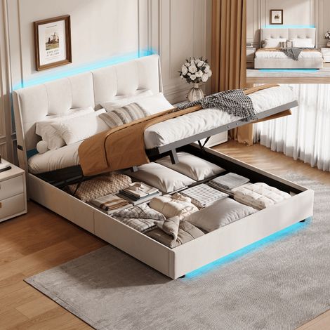 lit coffre 140x190,avec sommier à lattes,lit adulte,lit double,avec LED,tissu en velours,Beige (1/5)