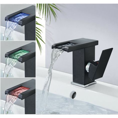 Moderne Badezimmerarmatur im Wasserfall-Design, Waschtischarmatur, schwarz, LED-Beleuchtung (1/5)