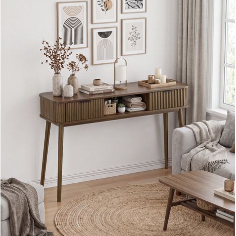 Tavolo consolle d'ingresso stile mid-century con 2 cassetti e nicchia aperta, MDF e legno, finitura - noce (1/5)