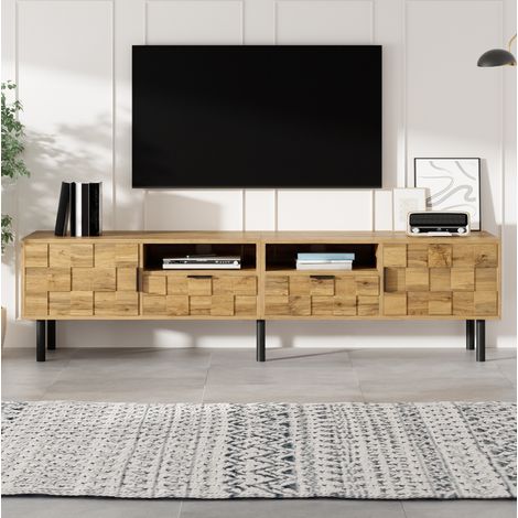 Mueble TV de 160 x 35 x 42,5 cm con 2 puertas, 2 cajones y 2 huecos abiertos, natural y negro HAVRYA (1/5)