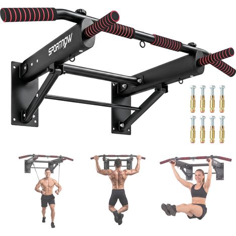 SPORTNOW barra de dominadas para pared plegable, con 3 anillas para bandas de resistencia, agarres antideslizantes, carga 120 kg, para casa, gimnasio (1/5)