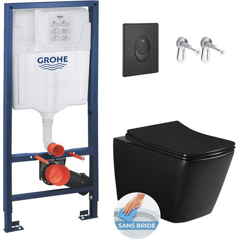 Pack WC Bâti-support Rapid SL + WC Square Infinitio sans bride noir mat + Abattant softclose + Plaque noire mat