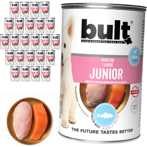 Alimento húmedo para perros BULT JUNIOR, pollo y salmón, 24 x 400 g, para cachorros. (1/2)