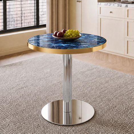 Table d'appoint ronde moderne, plateau effet marbre avec bordure dorée, structure métallique robuste noire/dorée/argentée, idéale comme table basse, table de chevet ou table de balcon. (1/5)