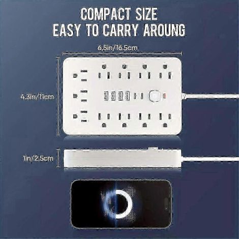 Multiprise 17 en 1 avec protection contre les surtensions, port USB et interrupteur, 0,08 mètre, blanche. (1/4)