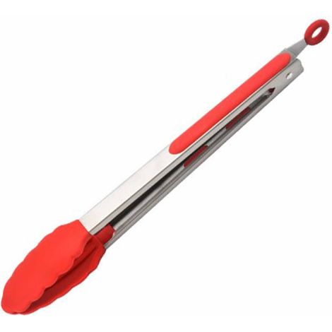 Pince à griller en acier inoxydable 430, longue et antidérapante, avec revêtement en silicone, idéale pour la cuisson au barbecue, les buffets et pour retourner les aliments (rouge). (1/5)