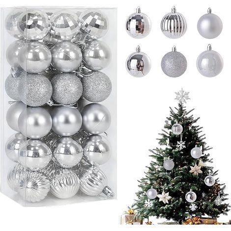 Set mit 36 bruchsicheren Kunststoff-Weihnachtskugeln, 4 cm, Weihnachtsbaumschmuck für eine komplette Baumdekoration, elegant in matt, glänzend und glitzernd (silber)
