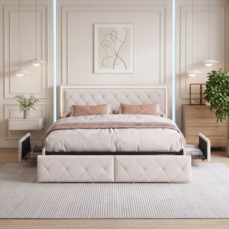 Lit 160x200 avec sommier, lit double adulte avec 4 tiroirs, Tête de lit réglable, éclairage LED, blanc cassé (1/5)
