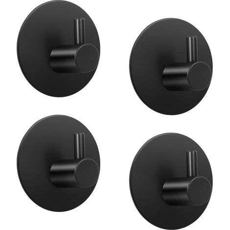 Lot de 4 porte-Salle de Bain Crochet serviettes autocollants en acier inoxydable Crochet- Noir Rond (1/5)