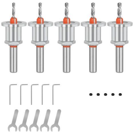 Juego de 5 brocas para avellanar, fresa cónica de 8 mm para madera, llave hexagonal y tornillos para perforar madera (2,8, 3,0, 3,2, 3,5, 4 mm) (1/5)