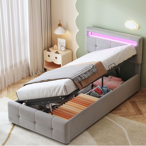 Cama tapizada individual 203x90x93 cm con LED, almacenamiento hidráulico, cabecero regulable, terciopelo gris (1/5)