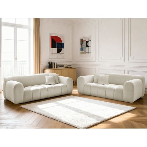 BOBOCHIC - Ensemble canapé droit fixe 3 + 2 places MELISSE tissu chiné Blanc (1/5)