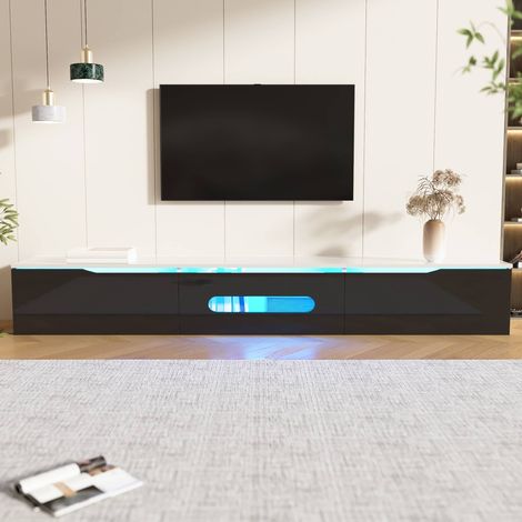 Meuble TV suspendu ou à poser 180 cm, banc TV LED contrôlable par application avec 3 portes abattantes, noir (1/5)