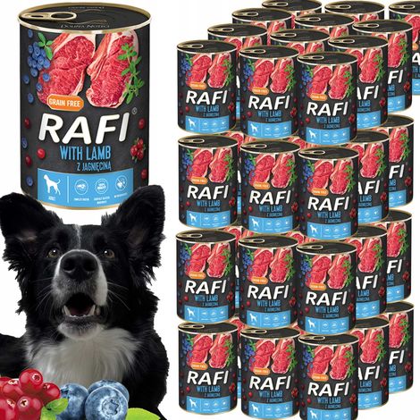 Alimento húmedo para perros RAFI con cordero, arándanos azules y arándanos rojos 400 g - 48 unidades.