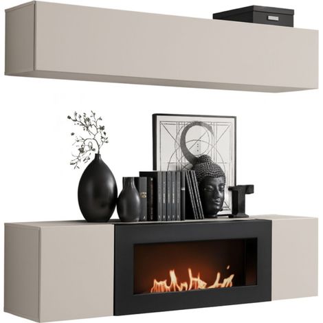 Composición mural FLY cachemira con columna suspendida horizontal y mueble para TV con chimenea bio-etanol