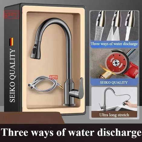 (Ensemble gris 3-G1/2) Robinets de cuisine en cuivre fin gris anthracite, robinet extractible pour évier de cuisine, robinet pivotant eau chaude/eau froide pour lavabo et lavabo (1/5)