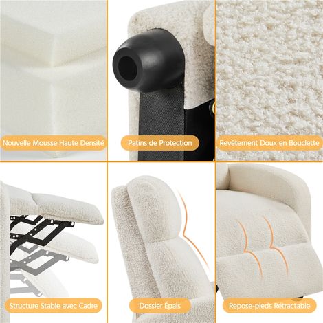 Yaheetech – Fauteuil relax en tissu bouclette ivoire – Dossier réglable jusqu'à 160° – Repose-pied – Capacité 120 kg – Dimensions 61,5x87x99 cm