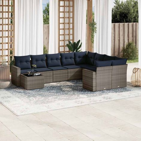 vidaXL Salon de jardin 10 pcs avec coussins gris résine tressée (1/5)