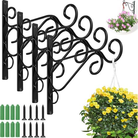 4 x Wall Plant Hooks with Screws, Metal Wall Hanging Brackets, Wrought Iron Garden Hanging Basket Accessories for Plant Baskets, Bird Feeders, Lantern, Chime (1/5)