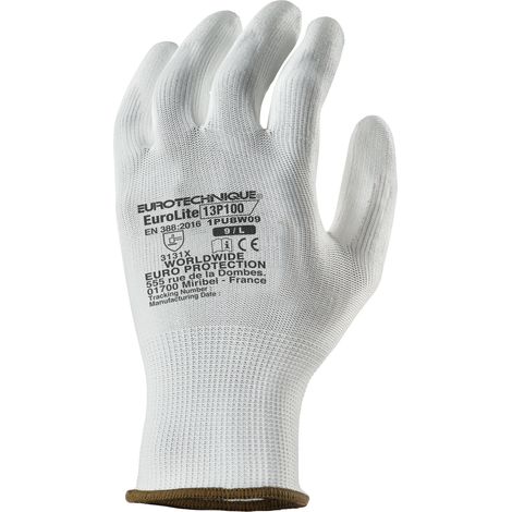 Pack mit 10 Paar Arbeitshandschuhen EUROLITE 13P100 Polyester weiß mit End-PU weiß Größe 6 (1/3)