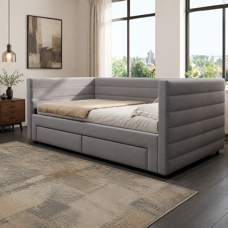 Cama nido FloraGrace 90x190 cm de tela gris con almacenaje, sin colchón (1/5)