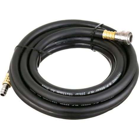 TUYAU PNEUMATIQUE EN CAOUTCHOUC POUR COMPRESSEUR 5M 10MM AVEC RACCORDS RAPIDES (1/4)