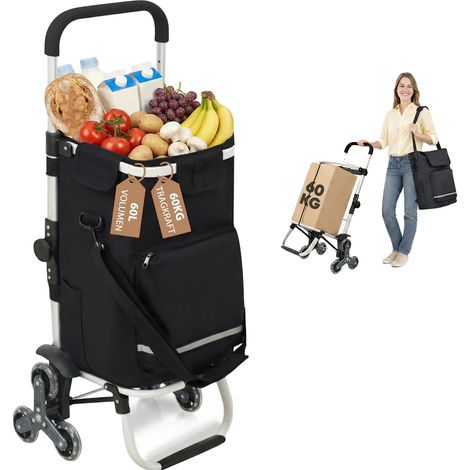 Carrito de la compra, apto para subir escaleras, manillar regulable en altura, color negro. (1/2)