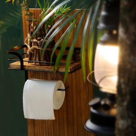 Porte-rouleau de papier toilette rustique avec étagère - Décoration de salle de bain champêtre - Accessoires de salle de bain rustiques avec étagère en bois brun chaud pour mouchoirs, téléphone portab (1/4)