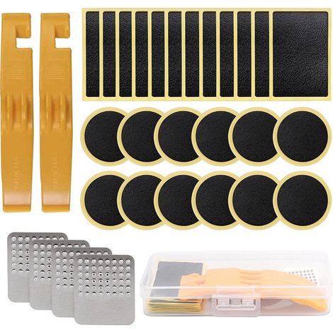 Kit de réparation portable pour chambre à air de vélo, comprenant des rustines, des râpes métalliques et des démonte-pneus pour vélos, motos et vélos électriques. (1/5)