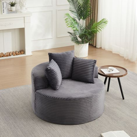 Fauteuil lounge rond 1 place 110x110x82 cm, fauteuil sans montage avec 3 coussins, assise mousse et ressorts, base antidérapante, velours côtelé gris (1/5)