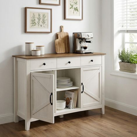 Buffet avec Étagère Réglable, Meuble de Rangement avec Tiroirs, Bahut pour Salle à Manger, Style Campagne, Blanc et Brun (1/5)