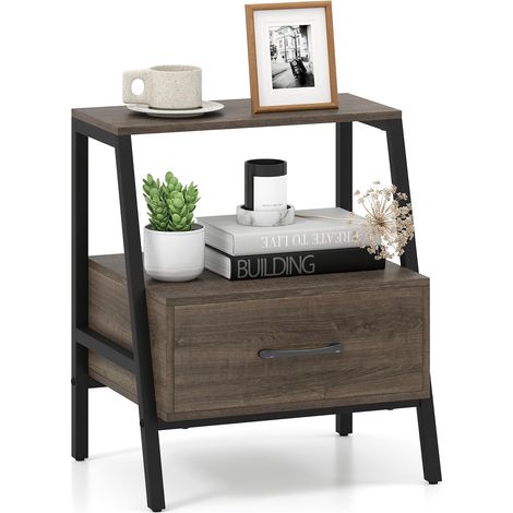 COSTWAY Comodino Moderno 45 x 35 x 52,5 cm, Tavolino da Letto a 3 Livelli con Ripiano Aperto e Telaio in Metallo Robusto per Camera da Letto, Ufficio e Soggiorno, Grigio (1/5)