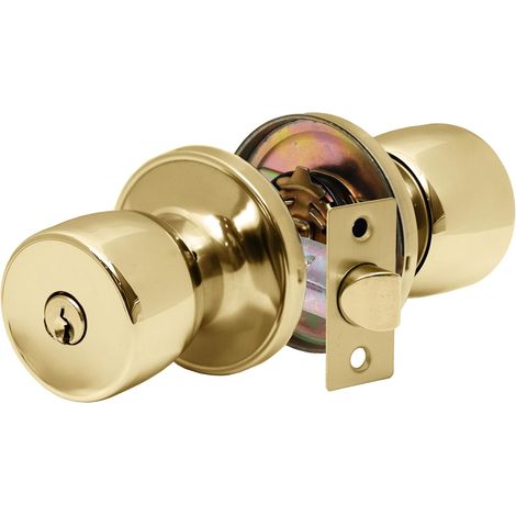 1 Poignée de porte, bouton de condamnation, serrure à clé, finition laiton poli, pour porte intérieure en bois (1/5)