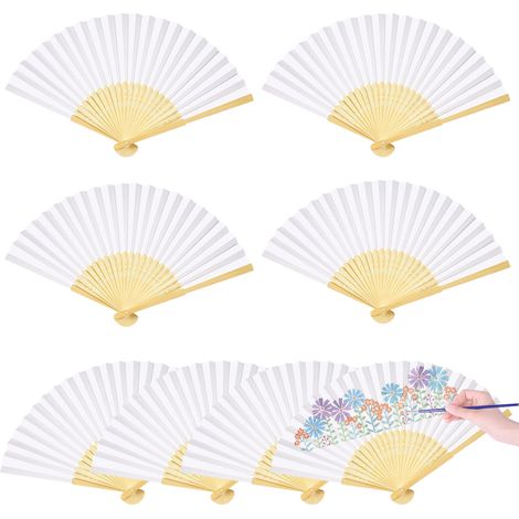 Éventail En Papier Et Bambou - Éventail Pliable Blanc - Décoration Murale Et Cadeau D'Occasion - Lot De 8