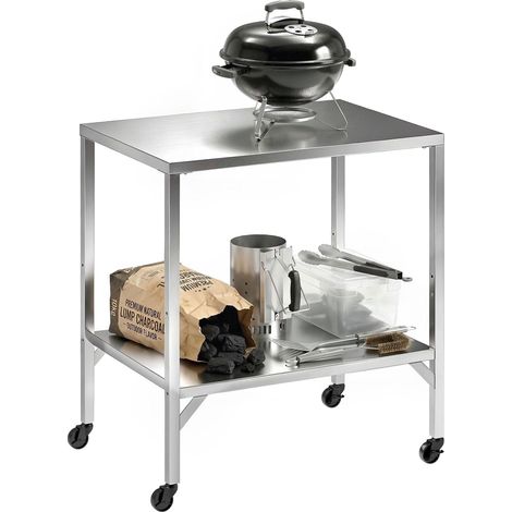 Chariot de Barbecue Table de Préparation Extérieur avec Plan de Travail et Roulettes Acier Inoxydable 85x60x92cm Argenté