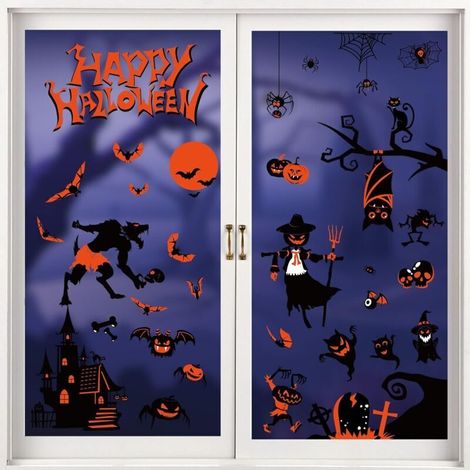&x1f47b【Stickers Fenêtre Halloween Effrayants】Vous recevrez 9 Feuilles total 72Pcs autocollants Halloween fenêtre, chaque taille est de 20 x 30 cm, contient des citrouilles, des squelettes, des sorciè