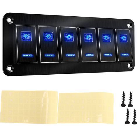Panneau D'interrupteur à Bascule 6 Gangs Panneau D'interrupteur à Bascule étanche Bleu rétro-éclairé en Alliage D'aluminium anodisé Noir pour Voiture Camion RV Bateau DC12V-24V. (1/5)